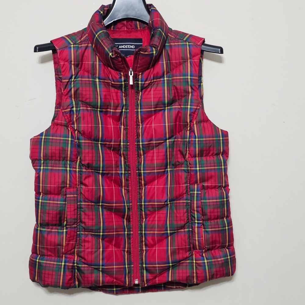 LANDS'END Women Vest Jacket 8/10 Medium Green/Red Plaid Zipper‎ Lightweight 0554